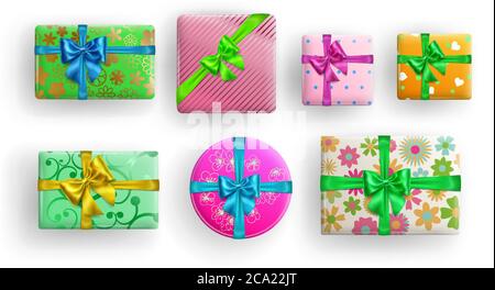 Set von realistischen schönen Geschenkboxen mit Schleifen und Schatten auf weißem Hintergrund Stock Vektor