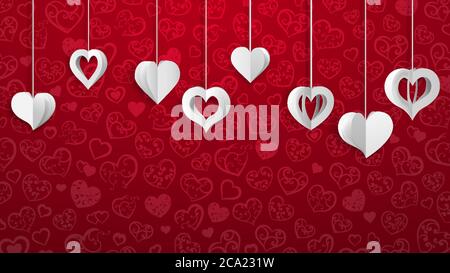 Hintergrund mit hängenden Papier Volumen Herzen, weiß auf rot Stock Vektor