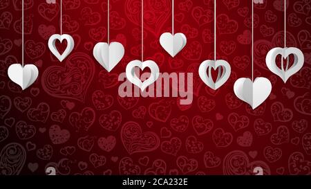 Hintergrund mit hängenden Papier Volumen Herzen, weiß auf rot Stock Vektor