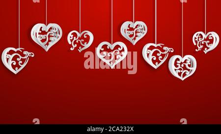 Hintergrund mit hängenden Papier Volumen Herzen mit Locken, weiß auf rot Stock Vektor