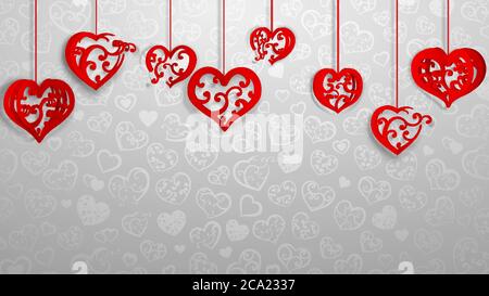 Hintergrund mit hängenden Papier Volumen Herzen mit Locken, rot auf grau Stock Vektor