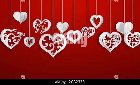 Hintergrund mit hängenden Papier Volumen Herzen mit Locken, weiß auf rot Stock Vektor
