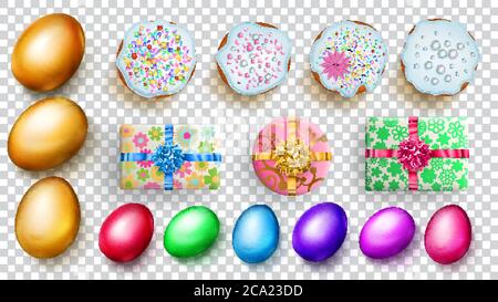 Set aus realistischen goldenen und farbigen Ostereiern, Kuchen und Geschenkschachteln mit weichen Schatten auf transparentem Hintergrund Stock Vektor