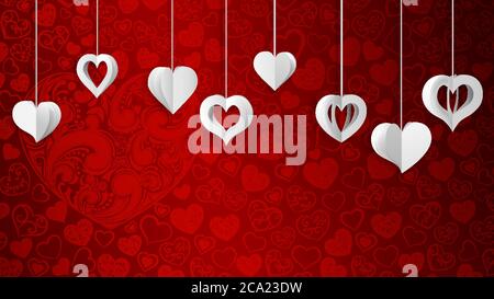 Hintergrund mit hängenden Papier Volumen Herzen, weiß auf rot Stock Vektor