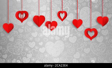Hintergrund mit hängenden Papier Volumen Herzen, rot auf grau Stock Vektor