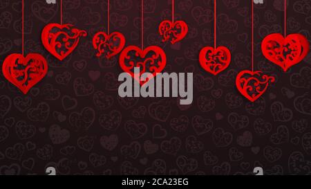 Hintergrund mit hängenden Papier Volumen Herzen mit Locken, rot auf dunkel Weinig Stock Vektor
