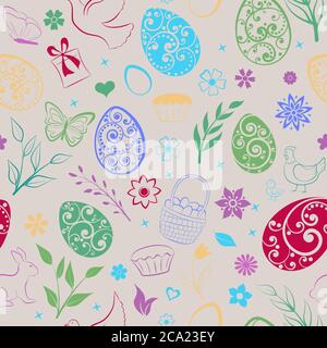 Nahtlose Muster von Eiern, Blumen, Kuchen, Huhn, Huhn und andere Ostern Symbole, bunt auf beige Stock Vektor