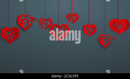 Hintergrund mit hängenden Papier Volumen Herzen mit Locken, rot auf grau Stock Vektor
