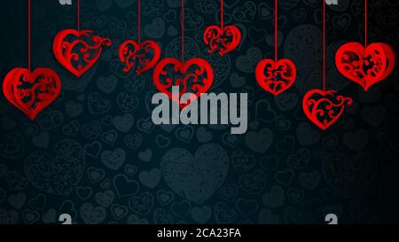 Hintergrund mit hängenden Papier Volumen Herzen mit Locken, rot auf dunkelblau Stock Vektor