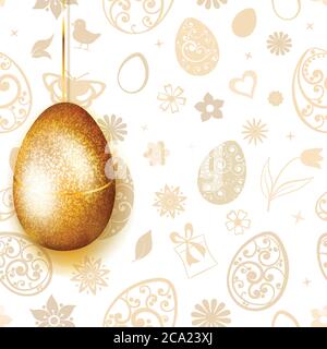 Goldenes Osterei, das auf beigem Hintergrund aus Blumen, Blättern, Herzen und anderen Weihnachtssymbolen hängt Stock Vektor