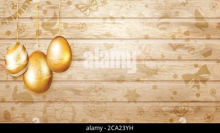 Mehrere goldene Ostereier hängen auf dem Hintergrund von Holzplanken mit Holyday Symbole wie Blumen, Kuchen, Hase, Henne, Huhn, Bogen und andere Stock Vektor