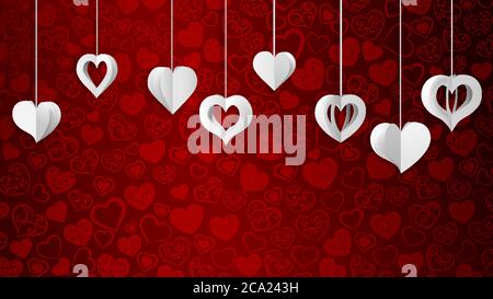 Hintergrund mit hängenden Papier Volumen Herzen, weiß auf rot Stock Vektor
