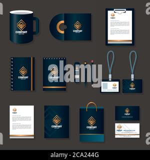 Corporate Identity Marke mockup, setzen Business-Papeterie auf grauem Hintergrund, schwarz mockup mit goldenen Zeichen Stock Vektor