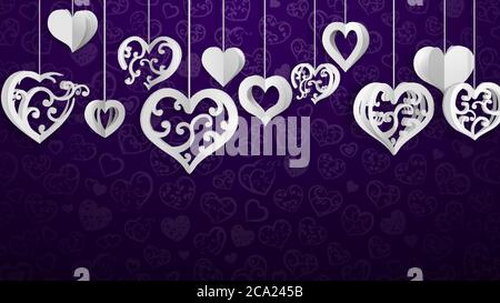 Hintergrund mit hängenden Papier Volumen Herzen mit Locken, weiß auf lila Stock Vektor