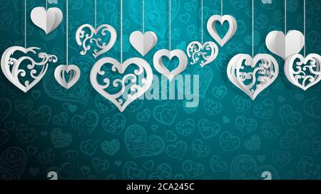 Hintergrund mit hängenden Papier Volumen Herzen mit Locken, weiß auf hellblau Stock Vektor