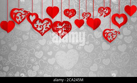 Hintergrund mit hängenden Papier Volumen Herzen mit Locken, rot auf grau Stock Vektor