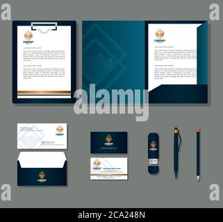 Corporate Identity Marke mockup, setzen Business-Papeterie auf grauem Hintergrund, schwarz mockup mit goldenen Zeichen Stock Vektor