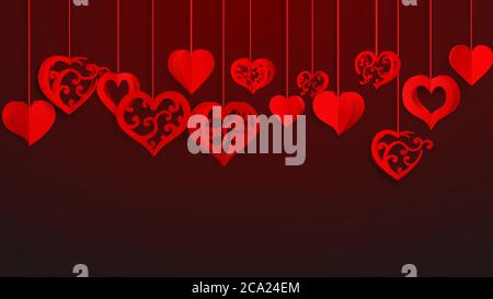 Hintergrund mit hängenden Papier Volumen Herzen mit Locken, rot auf Weinig Stock Vektor
