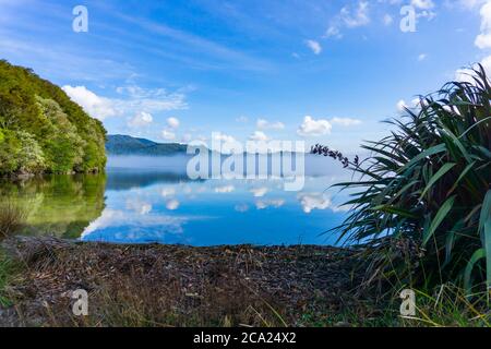 Blick zwischen Busch und Flachs über einen schönen ruhigen See mit weißen, geschwollenen Wolken, die sich auf dem Wasser spiegeln. Stockfoto