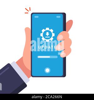 Aktualisieren eines alten Telefons. Download-Daten für die Installation. Flache Vektor-Illustration. Stock Vektor