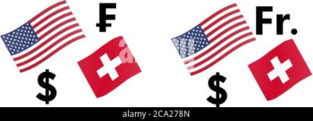 USD/CHF Forex Währungspaar Vektor Illustration. Amerikanische und Schweizer Flagge, mit Dollar- und Franc-Symbol. Stock Vektor