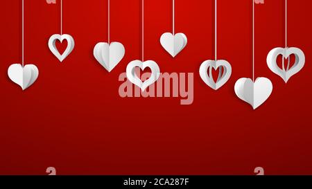 Hintergrund mit hängenden Papier Volumen Herzen, weiß auf rot Stock Vektor