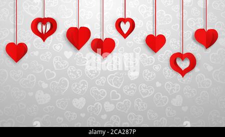 Hintergrund mit hängenden Papier Volumen Herzen, rot auf grau Stock Vektor