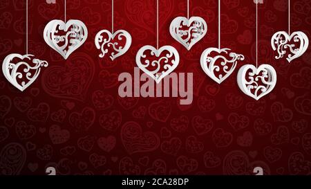 Hintergrund mit hängenden Papier Volumen Herzen mit Locken, weiß auf rot Stock Vektor