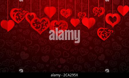 Hintergrund mit hängenden Papier Volumen Herzen mit Locken, rot auf Weinig Stock Vektor