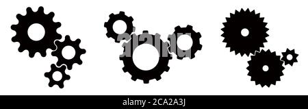 Drei Sätze von schwarzen Zahnrädern (Zahnräder) auf weißem Hintergrund Stock Vektor