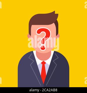 Anonymer Mann in einem Business-Anzug. Fragezeichen auf dem Gesicht. Flache Vektor-Charakter-Illustration. Stock Vektor