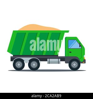 Grüner LKW mit Sand. Bautransport. Flache Vektorgrafik. Stock Vektor
