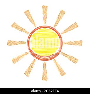 Handgezeichnetes syn Symbol in Schraffur, Schreiberstil, kontinuierliche Linie von bunten Sonne Doodle. Stock Vektor