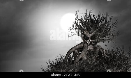 Grusel Baum Hintergrund und halloween gespenstisch gruselige Pflanze als Monster in einer Schädelform als gruselige Zombie wächst als Horror-Thema. Stockfoto