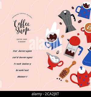 Café oder Bäckerei Menü Design, Vektor-Layout mit Doodle Illustration, Schriftzug Logo Label, quadratische Zusammensetzung, Zeichnungen von Tassen, Tassen, Getränke Stock Vektor