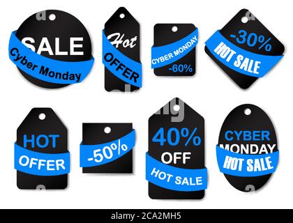 Set von Cyber montag Verkauf Etiketten und Tags in schwarz und blau Farben Stock Vektor