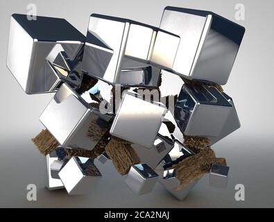 3D Rendering abstrakte Komposition aus Metall poliert Würfel und Stücke aus altem Holz Stockfoto