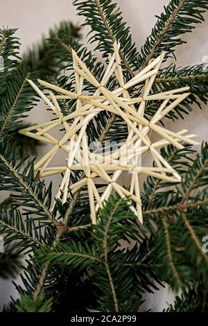 Selbstgemachter Strohstern zur Dekoration während der Advent- und weihnachtszeit Stockfoto