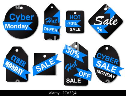 Set von Cyber montag Verkauf Etiketten und Tags in schwarz und blau Farben Stock Vektor