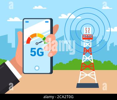 Internet Tower verteilt 5G Internet. Überprüfen der Geschwindigkeit des Internets auf einem Smartphone. Flache Vektordarstellung. Stock Vektor