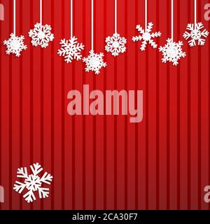 Weihnachtliche Illustration mit weißen Schneeflocken auf gestreiftem rotem Hintergrund Stock Vektor