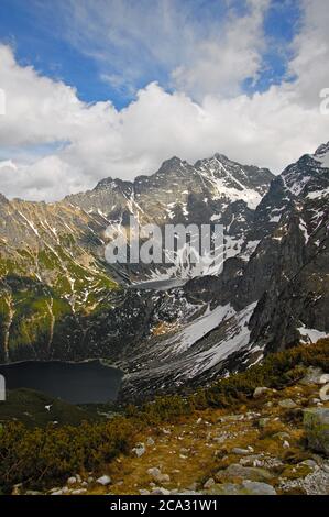 Polen Tatra. Blick auf Rysy vom Weg nach Szpiglasowa Przełecz. Stockfoto