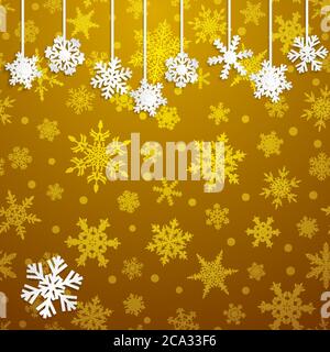 Weihnachtliche Illustration mit weißen Schneeflocken auf goldenem Hintergrund Stock Vektor