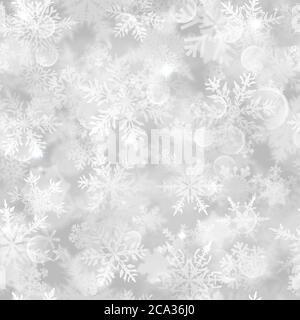 Weihnachtliche Nahtloses Muster mit weißen Schneeflocken, Blendung und funkelt auf grauem Hintergrund Stock Vektor