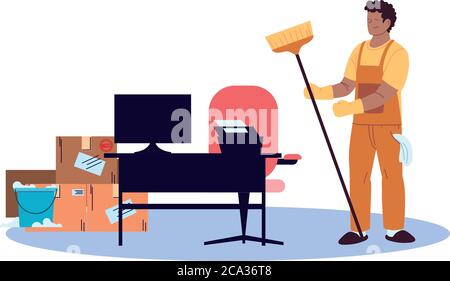 Reinigung Mann tun Büro Reinigung Arbeit Vektor Illustration Design Stock Vektor