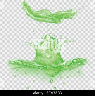 Durchscheinende Wasseroberfläche mit Krone und Tropfen aus fallenden Eiswürfeln. Splash in grünen Farben, isoliert auf transparentem Hintergrund. Seitenansicht. Transparent Stock Vektor