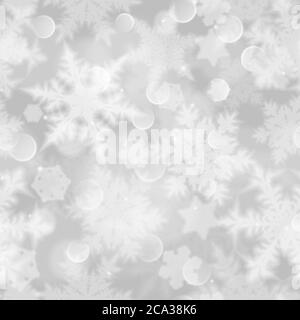 Weihnachtliche Nahtloses Muster mit weißen Schneeflocken, Blendung und funkelt auf grauem Hintergrund Stock Vektor