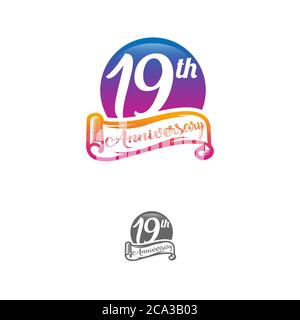 19 Jahre Jubiläums-Logo-Vorlage isoliert auf weißem, schwarz-weißem Stempel 19th Jubiläums-Icon-Etikett mit Band Stock Vektor