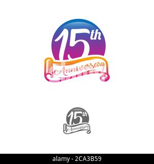 15 Jahre Jubiläums-Logo-Vorlage isoliert auf weiß, schwarz und weiß Stempel 15th Jubiläums-Icon-Label mit Band Stock Vektor