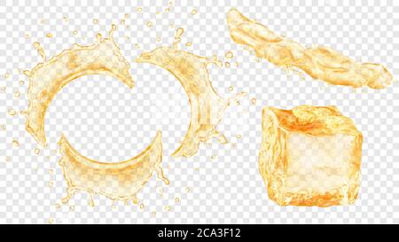 Set aus durchscheinendem halbrunden Wasserspritzern mit Tropfen, Flüssigkeitsstrahl und Eiswürfel in gelben Farben, isoliert auf transparentem Hintergrund. Transparent Stock Vektor